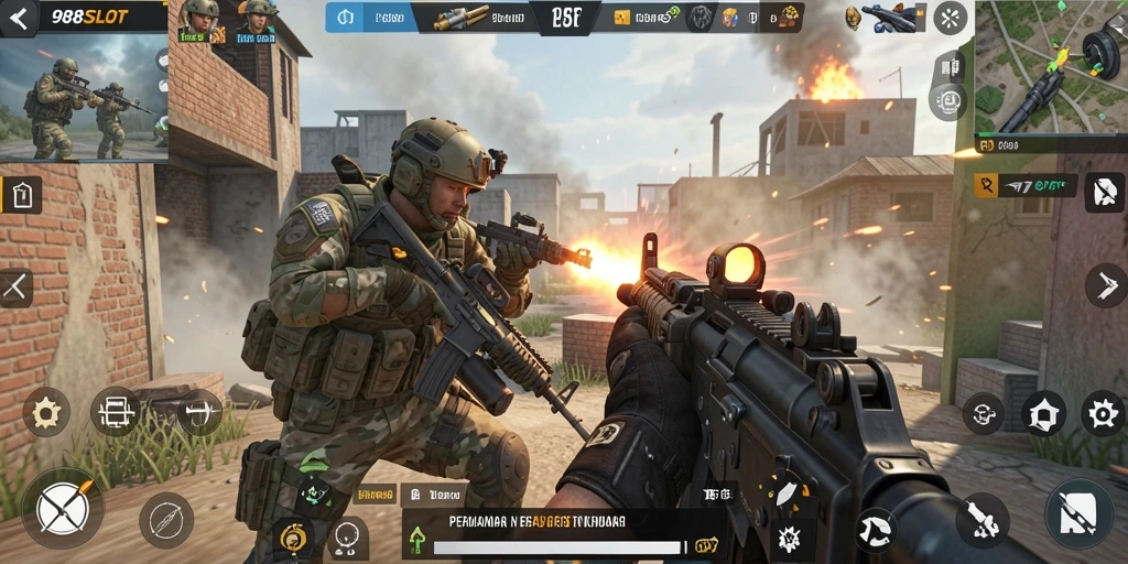 Screenshot gameplay 988SLOT yang menampilkan aksi tembak-menembak yang seru.