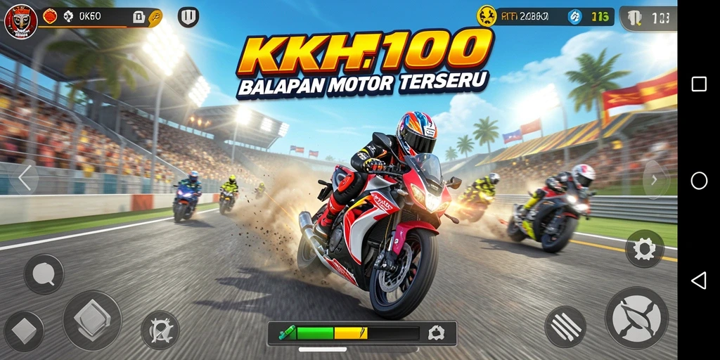 Tampilan gameplay KPK100 dengan aksi balapan motor yang cepat dan mendebarkan.
