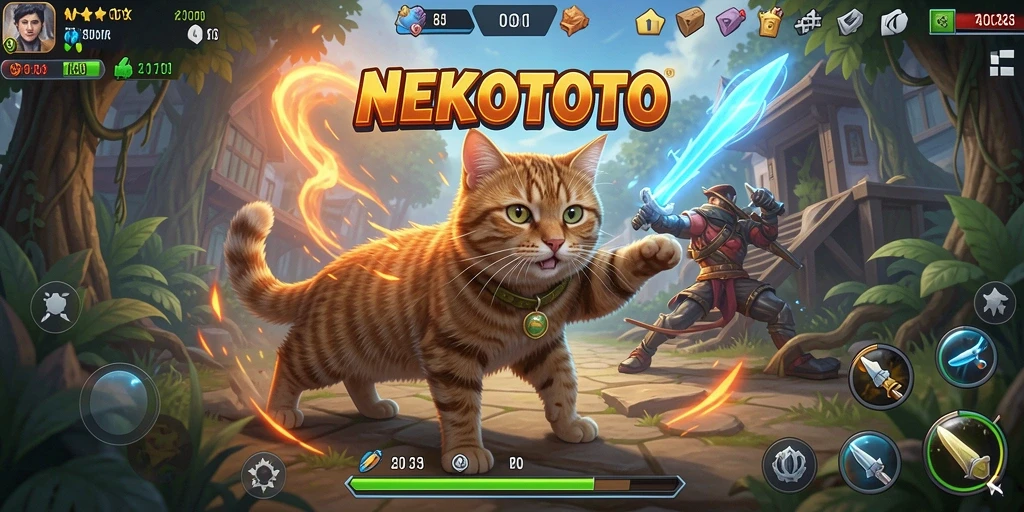 Tampilan gameplay intens dari NEKOTOTO saat pertarungan berlangsung.
