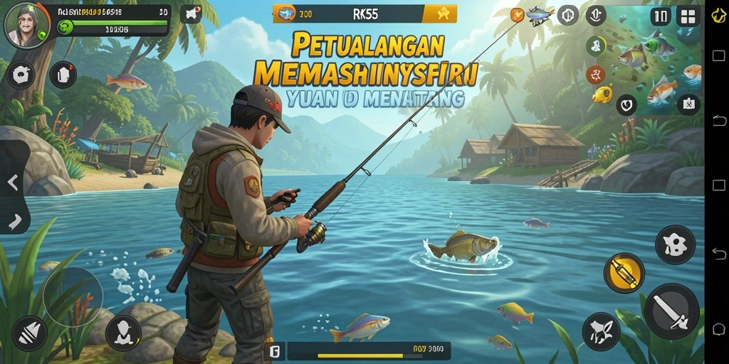 Screenshot utama RK55 menunjukkan gameplay memancing yang mendebarkan.