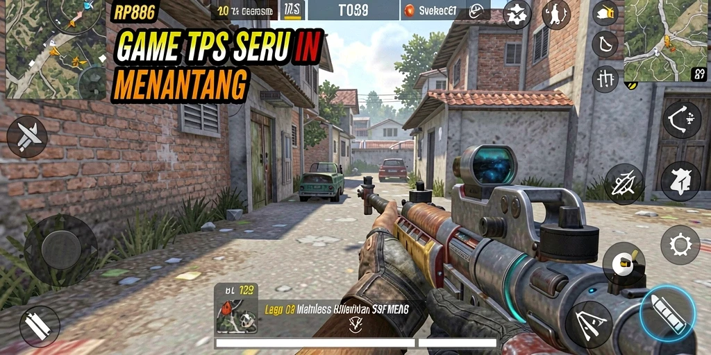 Screenshot gameplay RP886 menampilkan pertempuran TPS yang intens.