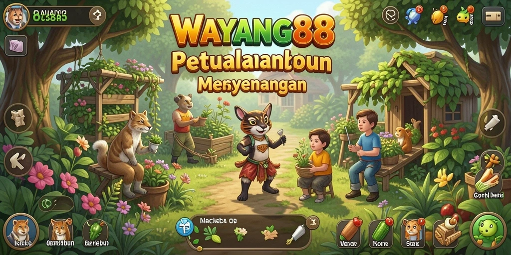 Tampilan gameplay yang penuh warna di WAYANG88 dengan berbagai tanaman.